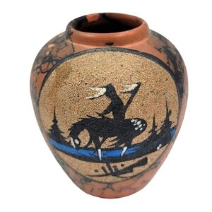 Sand Painted Navajo Hand Made Horse Hair Pot Pottery By Elsie signed